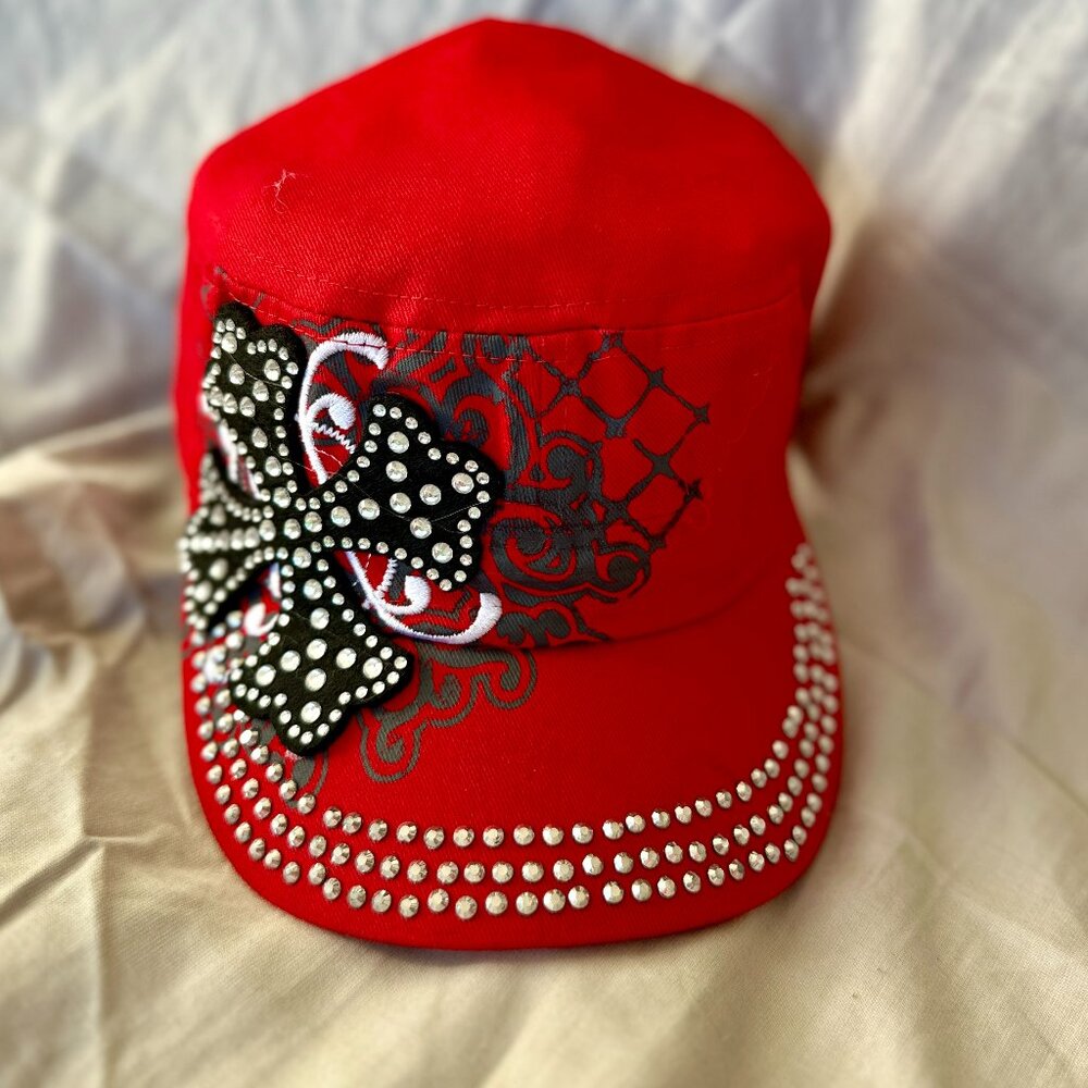 Hat~Rhinestone~Short Cross~Cadet style~adjustable velcro back